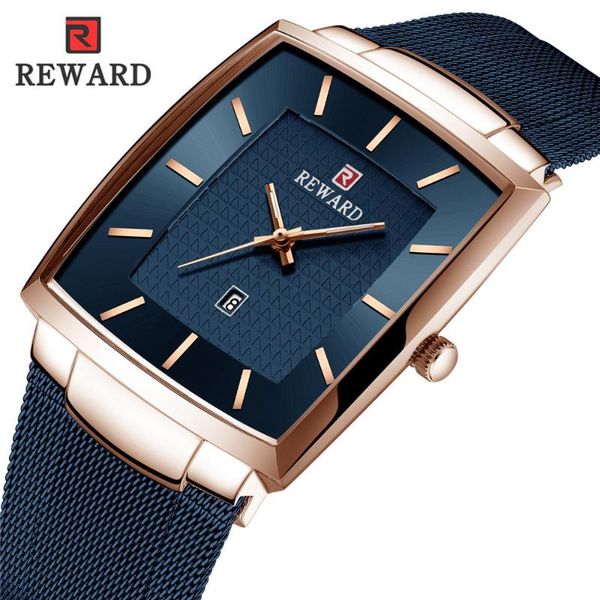 

wristwatches reward 2021 men watches luxury business square dial quartz wrist mesh waterproof steel classical wristwatch for reloj hombre, Slivery;brown