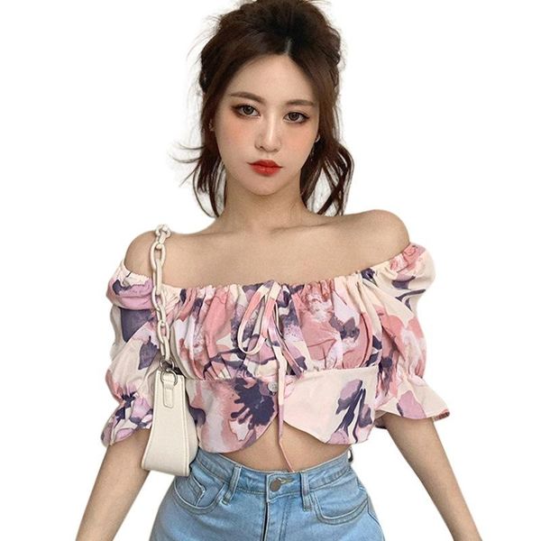 

women's blouses & shirts floral print slash neck shirt summer sweet short sleeves chiffon, White