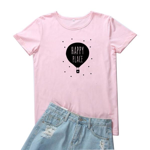 

women's t-shirt happy place women air balloon graphic tee clothes camisetas mujer cotton summer casual shirt femme, White