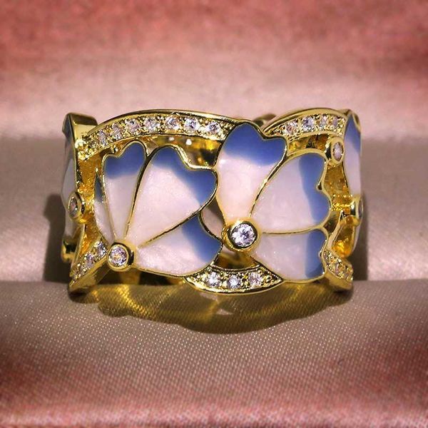 

fashionable and exquisite lady leaf blue enamel hollow 925 silver ring zircon wedding jewelry rings gold cluster, Golden;silver