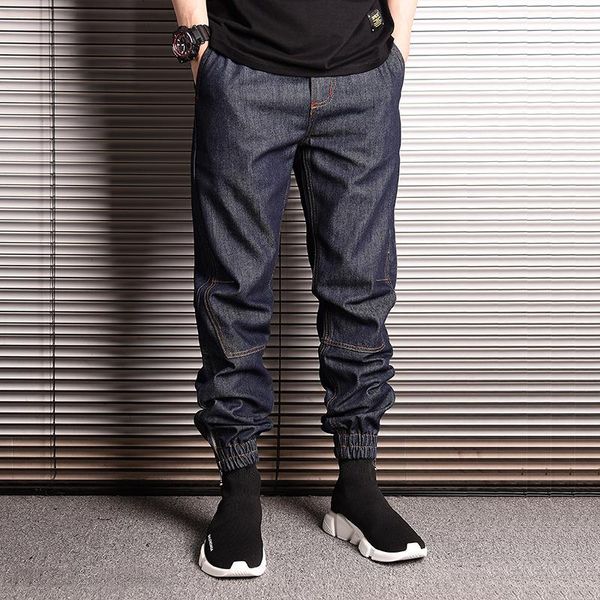 

men's jeans japanese style fashion men elastic waist loose fit harem denim cargo pants hombre streetwear hip hop joggers, Blue