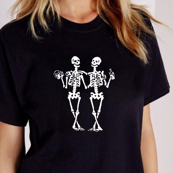 

women's t-shirt two skull drinking printed women shirts loose round neck short sleeve men's plus size gothic t shirt, White