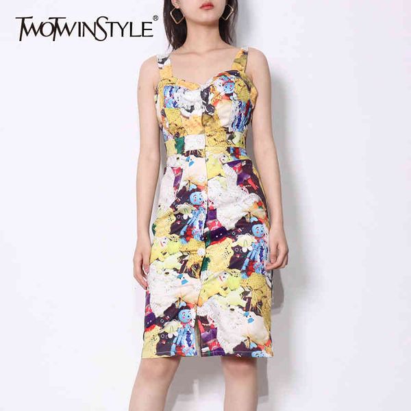 

casual print dress for women square collar sleeveless high waist knee length hit color dresses females summer style 210428, Black;gray