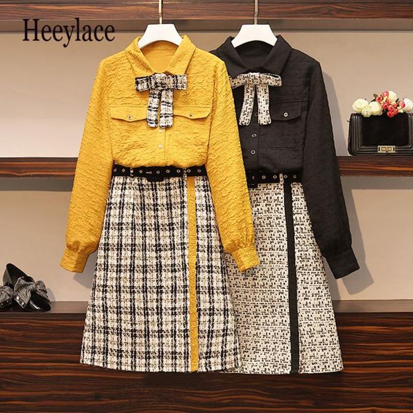 

women's tracksuits plus size office ladies elegant two piece set autumn 2021 bow long sleeve folds shirts and high waist a-line tweed s, Gray