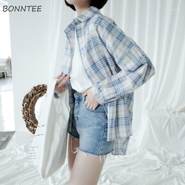 

women's blouses & shirts women 2021 simple plaid retro long sleeves korean style harajuku all-match trendy bf ulzzang ladies chic, White
