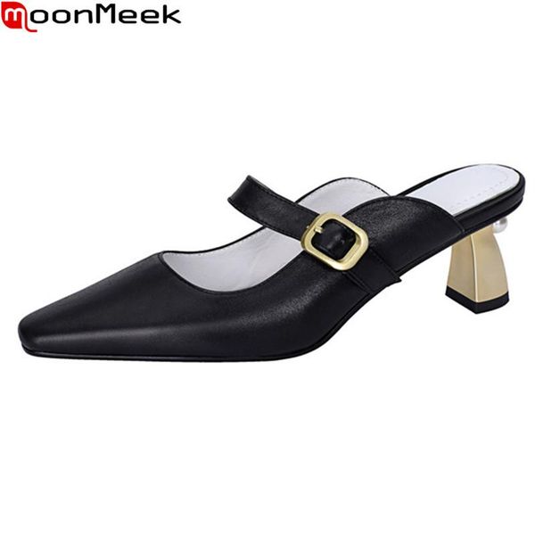 

moonmeek 2021 summer women high heels shoes genuine leather slippers fashion buckle square toe ladies mules, Black