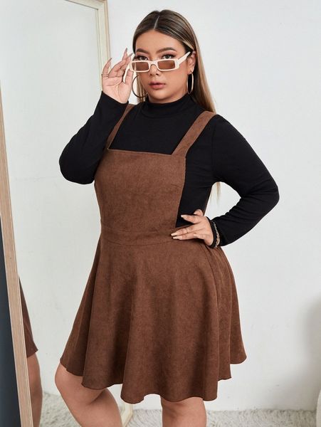 

plus solid corduroy overall dress without r3u3#, Black