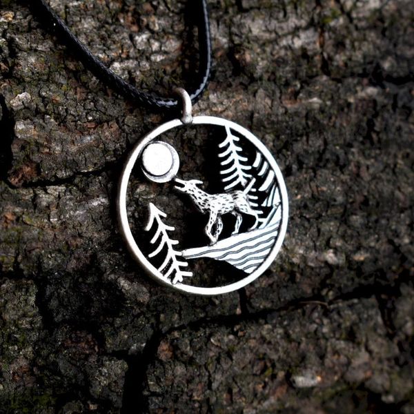

pendant necklaces sanlan animal charm wolf necklace under the sun pine tree mountain jewelry, Silver