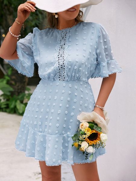 

simplee plus swiss dot appliques flounce sleeve ruffle hem dress n11m#, Black