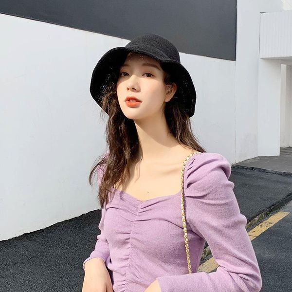 

japanese solid color bucket hat panama for women casual kitted breathable outdoor hip hop cap summer soft fishing sun wide brim hats, Blue;gray