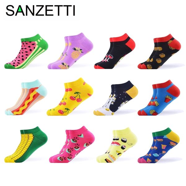 Sanzetti 12 pares / lote mulheres verão casual colorido tornozelo meias Happy Algodão Curto Meias Curtas Novidade Padrão Barco Presentes Socks 210720