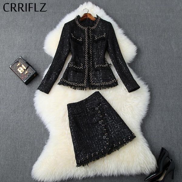 

two piece dress winter women set full sleeve pocket beaded jacket tweed tassels short skirt 2 fashion cardigan patry, White