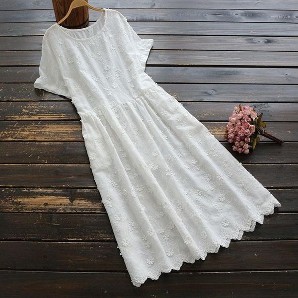 

casual dresses 6256 summer women's artistic all-match three-dimensional flower short-sleeved dress cotton loose round neck midi, Black;gray