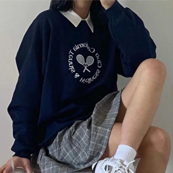 

europe women embroidery shuttlecock and badminton racket oversized sweatshirt drop shoulder pullover rrgt women's hoodies & sweatshirts, Black