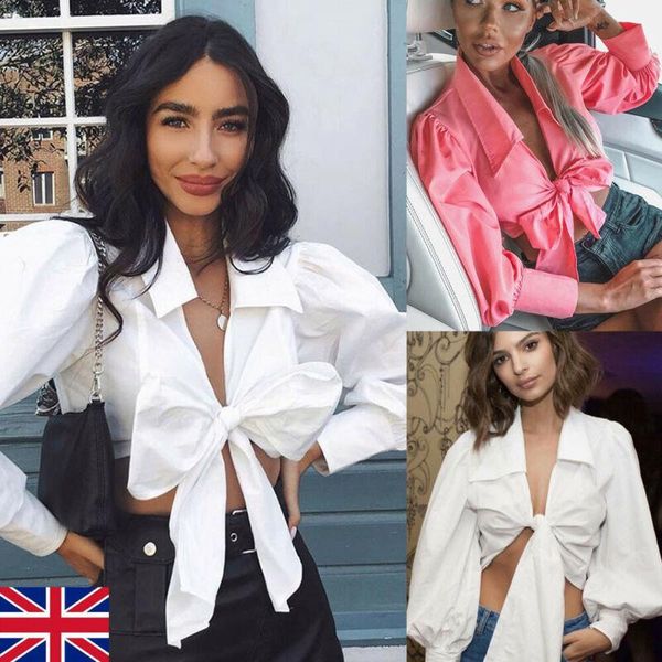 

fashion women summer boho bow v-neck casual loose long lantern sleeve oversize t shirt bandage cropped women's t-shirt, White