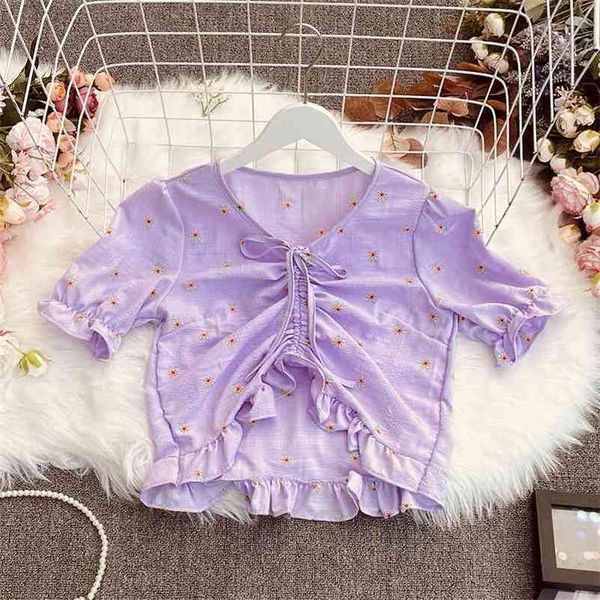 

summer women sweet all-match v-neck puff sleeve shirt drawstring ruched slim print shirt 210715, White