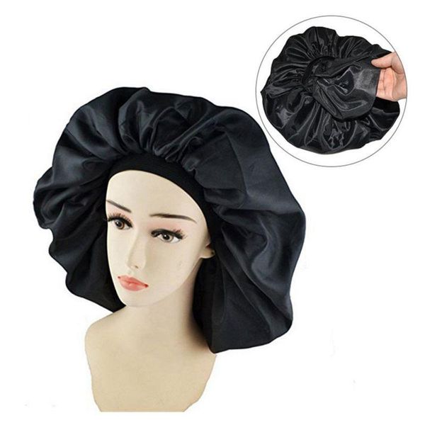 

shower caps double rubber band night cap black artificial silk hair waterproof female