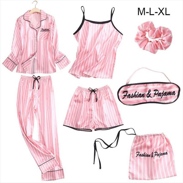 

7pc set pajamas imitation women sleepwear silk stripe spring and autumn long sleeved cardigan pants vest eye mask storage, Black;red