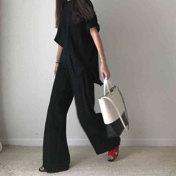 

white loose two piece set for women o neck short sleeve t shirt high waist wide leg pants casual sets female spring, Black;white
