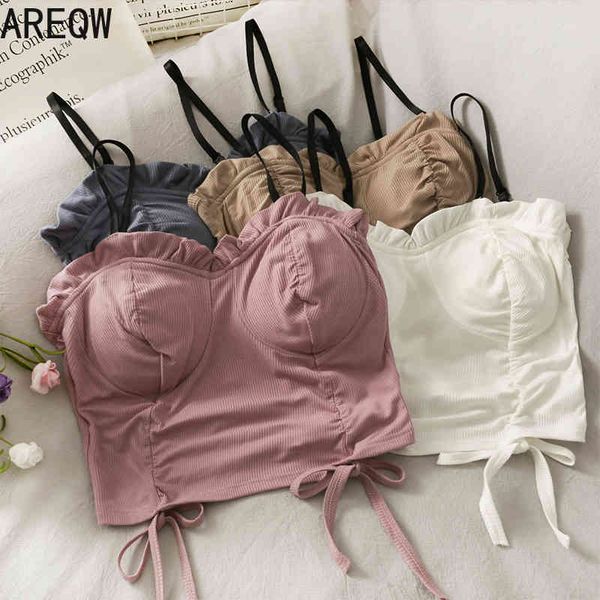 

korean version of the draw rope pleated bow short styling sling shirt women small group of wooden ear-to-ear chest vest 210507, White