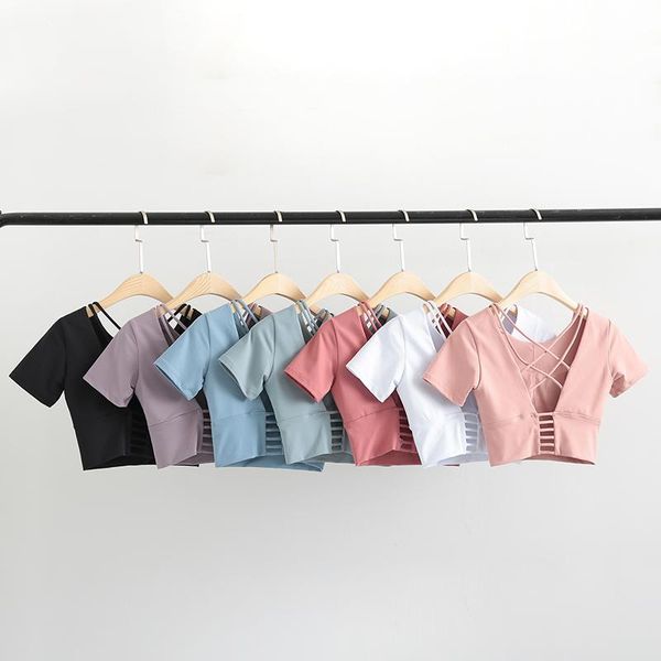 

yoga outfit nickel skin friendly women short sleeve sports t-shirt inner padded fitness crop tight shirt active workout