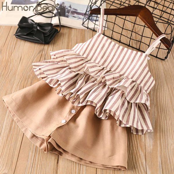 

humor bear girls clothing sets 2021new summer kids clothes striped suspender skirt + culottes 2pcs suit children, White