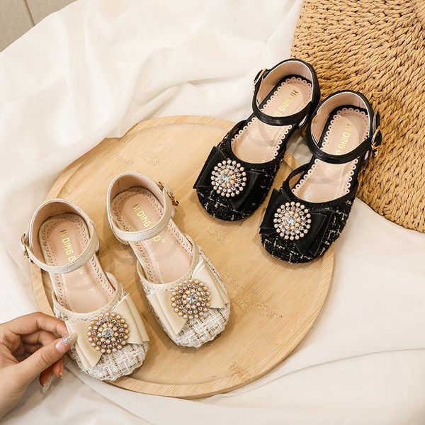 

sandals children princess shoes fashion bow rhinestone girls summer cut-outs baby toddler kids student flat party 041, Black;red