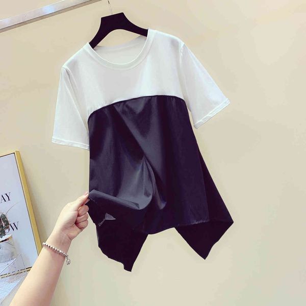 

t shirt irregular stitching short sleeve round collar t-shirt women's summer korean-style loose-fit student color matching t shirt, White