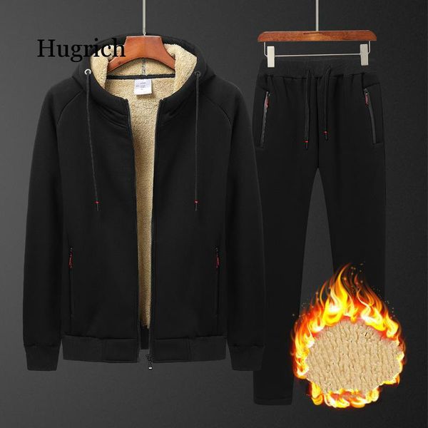 

men's tracksuits winter thicken hooded cotton plus cashmere casual lamb size hoodie plush coat + pants 2 pcs set, Gray