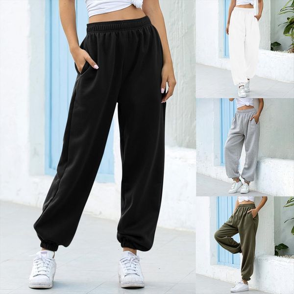 

elastic waist home casual women pants loose sports solid color baggy sweatpants leisure tie feet, Black;white