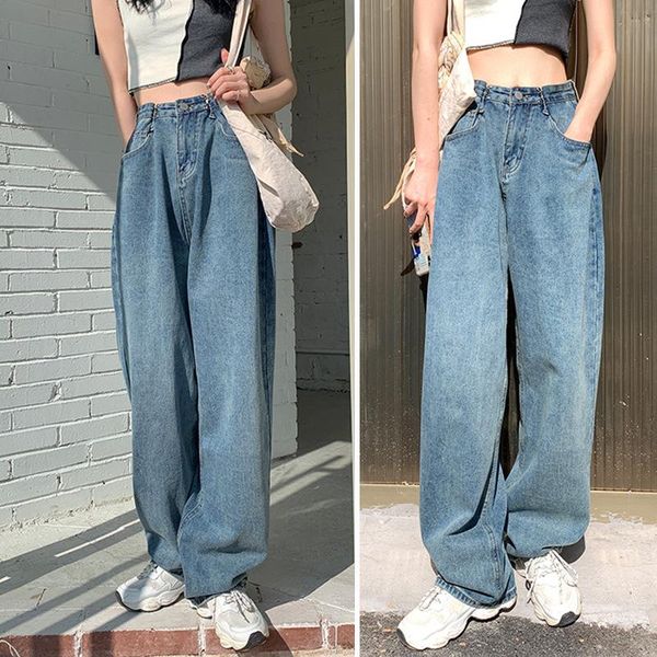 

women's jeans donsignet spring/summer fashion trend retro high waist loose straight denim waisted, Blue