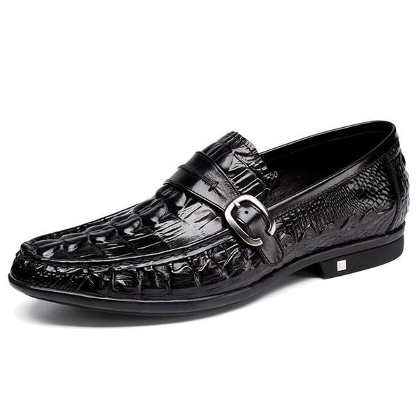 

crocodile pattern men dress shoes genuine leather slip on buckle strap office wedding party formal business for g142, Black