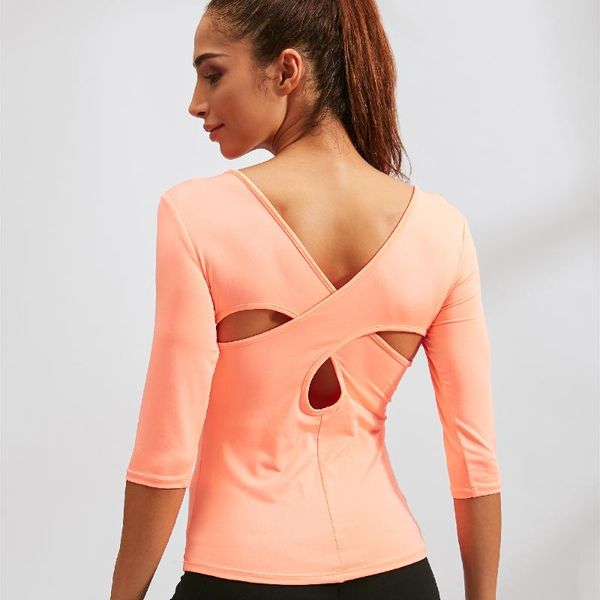 

women sports quick-drying and cross-designed mid-length-sleeved fitness shirt suitable for running work out yoga dancing outfit