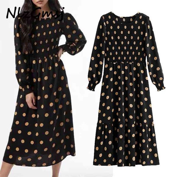 

dres dots pleated puff long sleeve ladies vintage midi vestidos 210628, Black;gray