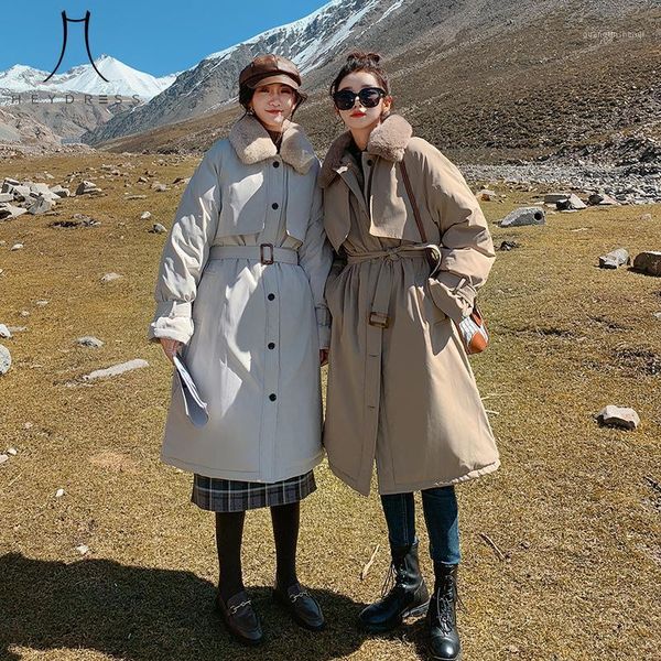 

women's down & parkas heydress 2021 winter korean women single breasted thick warm jacket female fur collar cotton coat lady sashe clot, Black