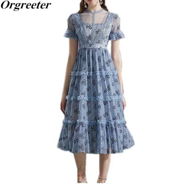 

summer blue lace dress for women o-neck short sleeve see though vintage printted ruffles deco long dresses 210525, Black;gray