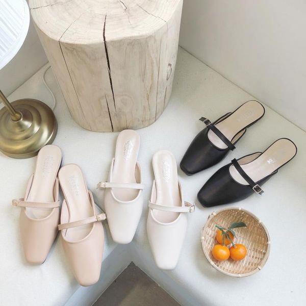 

slippers solid buckle strap mules women square toe slides thicken low heels flipflops closed summer mary janes 2021, Black