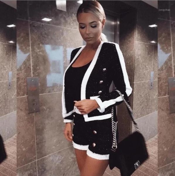 

women's tracksuits high street est fashion runway 2021 suit set lion buttons color block tweed blazer jacket shorts, Gray