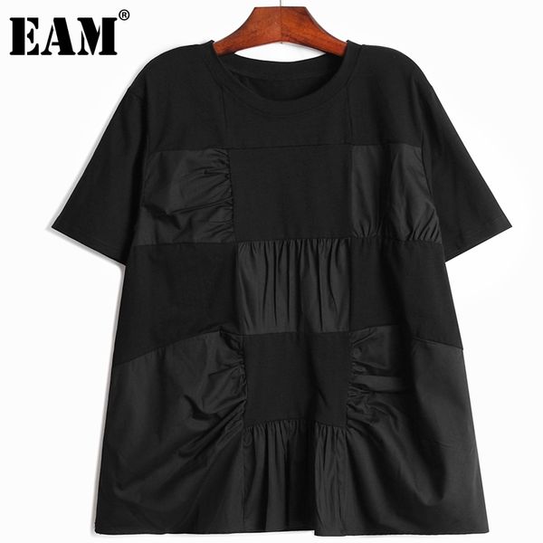 

[eam] women black big size ruched square patch t-shirt loose round neck short sleeve fashion summer 1dd6783 210512, White