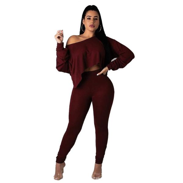 

women's two piece pants fashion casual tracksuit women 2021 fall and winter solid one shoulder long sleeve short set, White