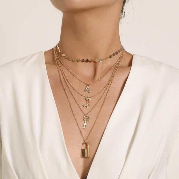 

pendant necklaces rhinestone a key lock pendants for women gold silver color layered necklace female 2021 fashion jewelry