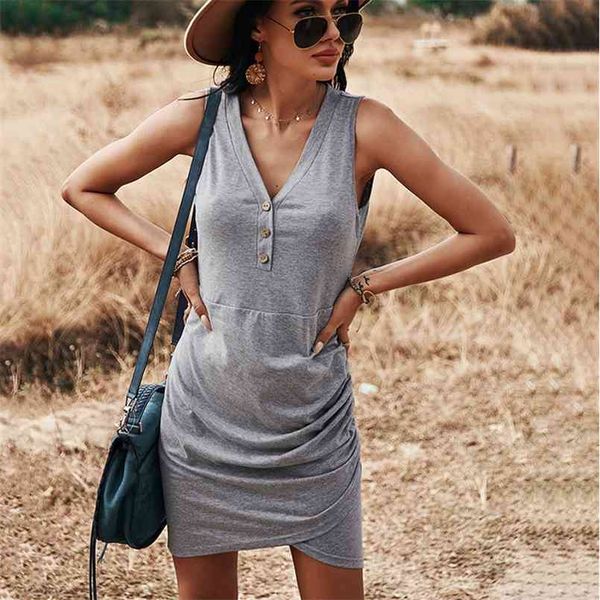 

casual mini sleeveless dress women's summer vest solid color dress female with waist slim a-line solid button 210508, Black;gray