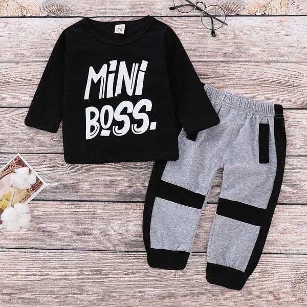

clothing sets 1-6t boy miniboss letter printed short-sleeved shirt + sports long cotton pants boutique two-piece suit, White