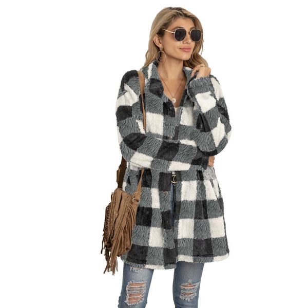 Manchas de lã femininas de pelúcia casaco de pelúcia outono / inverno 2021 estilo xadrez mid-length Mid-Lost Moda casual de mangas compridas Multicolor jaqueta M240