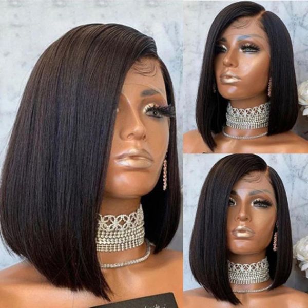 

synthetic wigs lace front wig straight hair bob 1b black color frontal cosplay short for women with baby side part