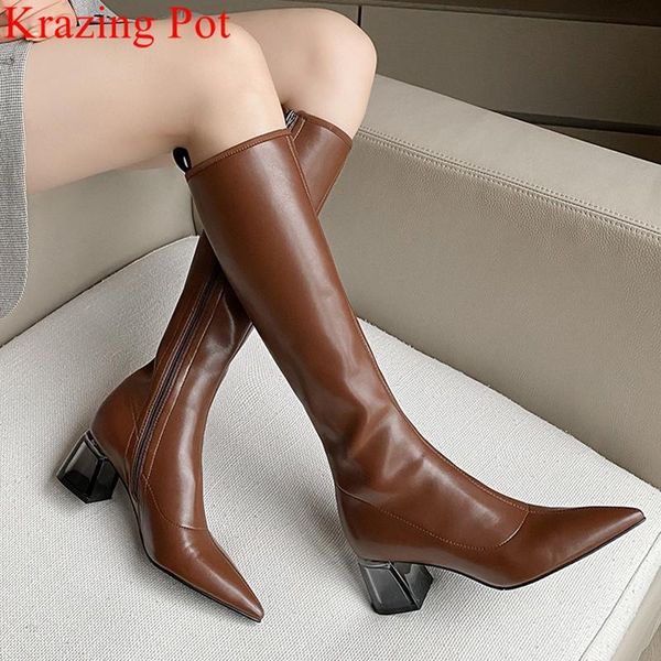 

boots krazing pot pointed toe stretch warm winter shoes heels transparent office lady solid knee-high, Black