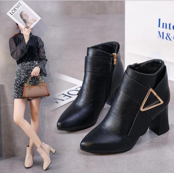 

boots winter ankle women thick heels short buckle super high heel shoes lady black plus size 34-40