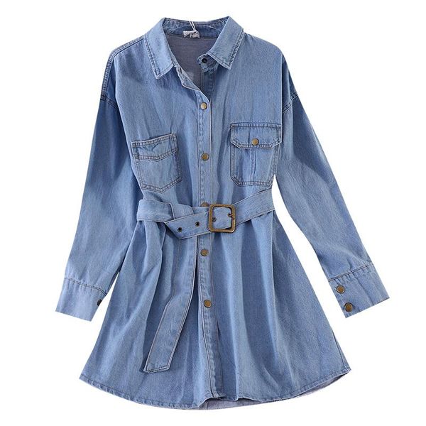 

small dresses women autumn and winter lapels long sleeve slim waist denim dress jeans jackets outwear shirt casual, Black;gray
