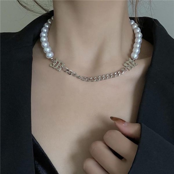 

chains kzd pearl stitching necklace niche design women's hip hop clavicle chain, Silver