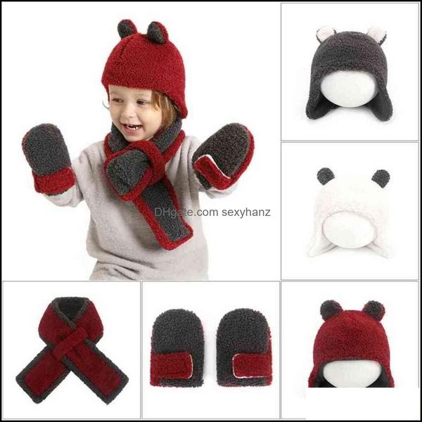 Шляпы, шарфы перчатки устанавливают шарф, шляпные перчатки, модные асесории осень и зима теплые детские защитные шляпы 3pcs/set Kids Outdoor bo Bo